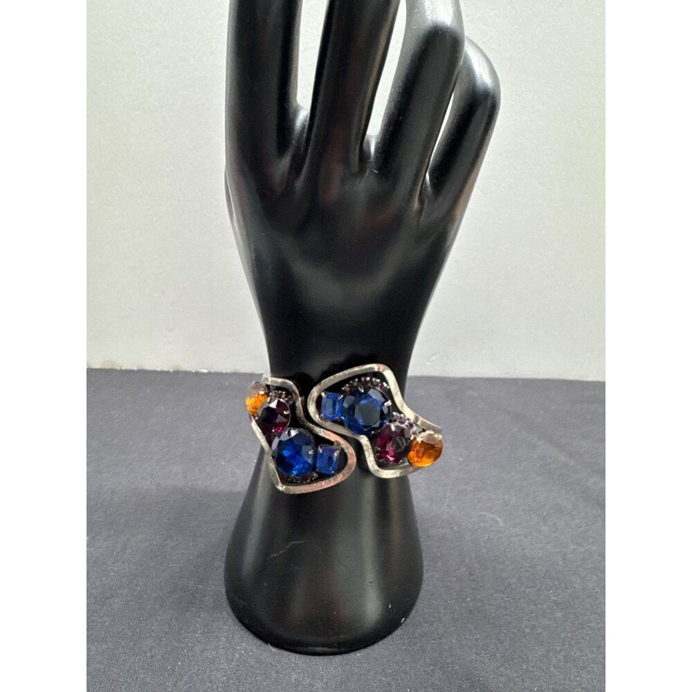 Vintage Silver-Tone Hinged Cuff Bracelet Multicolor Rhinestone Accents - Blue Or